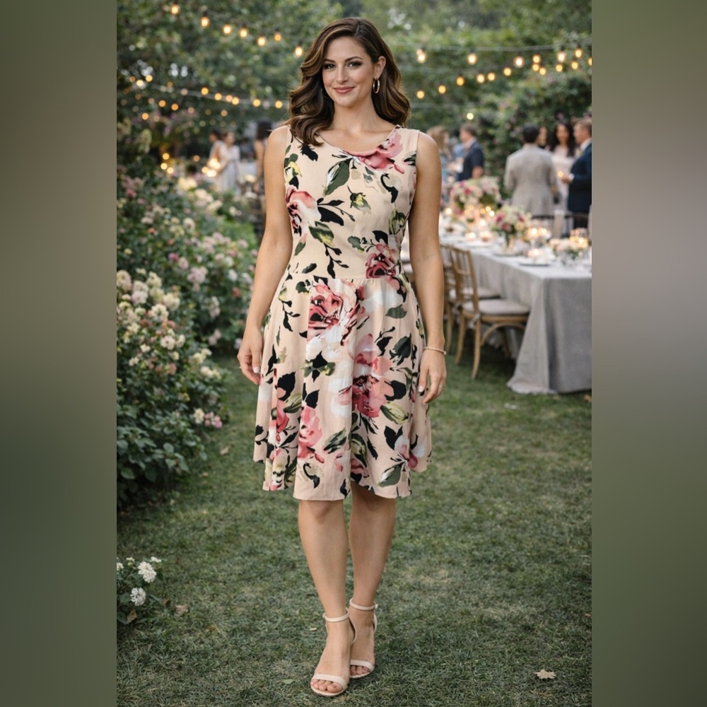 WHBM Dress 14 Pink Green Floral A Line Sleeveless Stretch Washable NEW